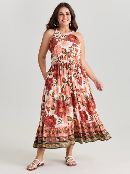 Floral Print Flowy Color Contrast Midi Dress