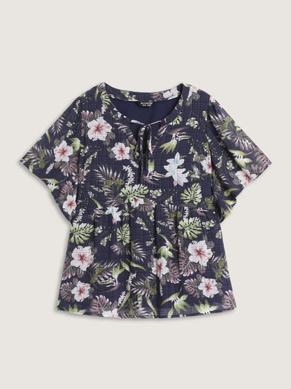 Floral Print Drawstring Split Neckline Blouse