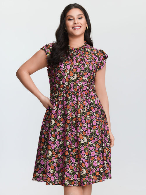 Chic Floral Print Ruffled Mock Neckline Mini Dress
