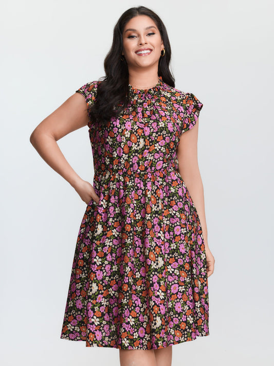 Chic Floral Print Ruffled Mock Neckline Mini Dress