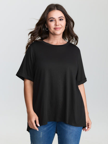 Stretchy Round Neck Rolled Cuff Sleeve T-Shirt
