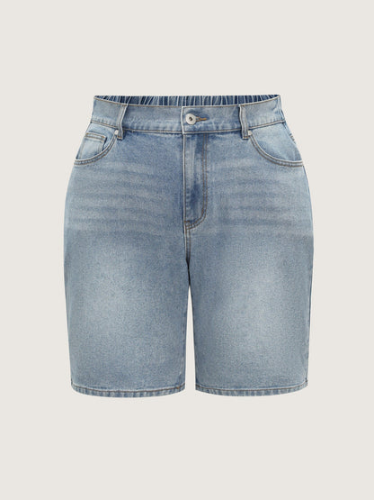 Stretchy Waist Faded Denim Shorts