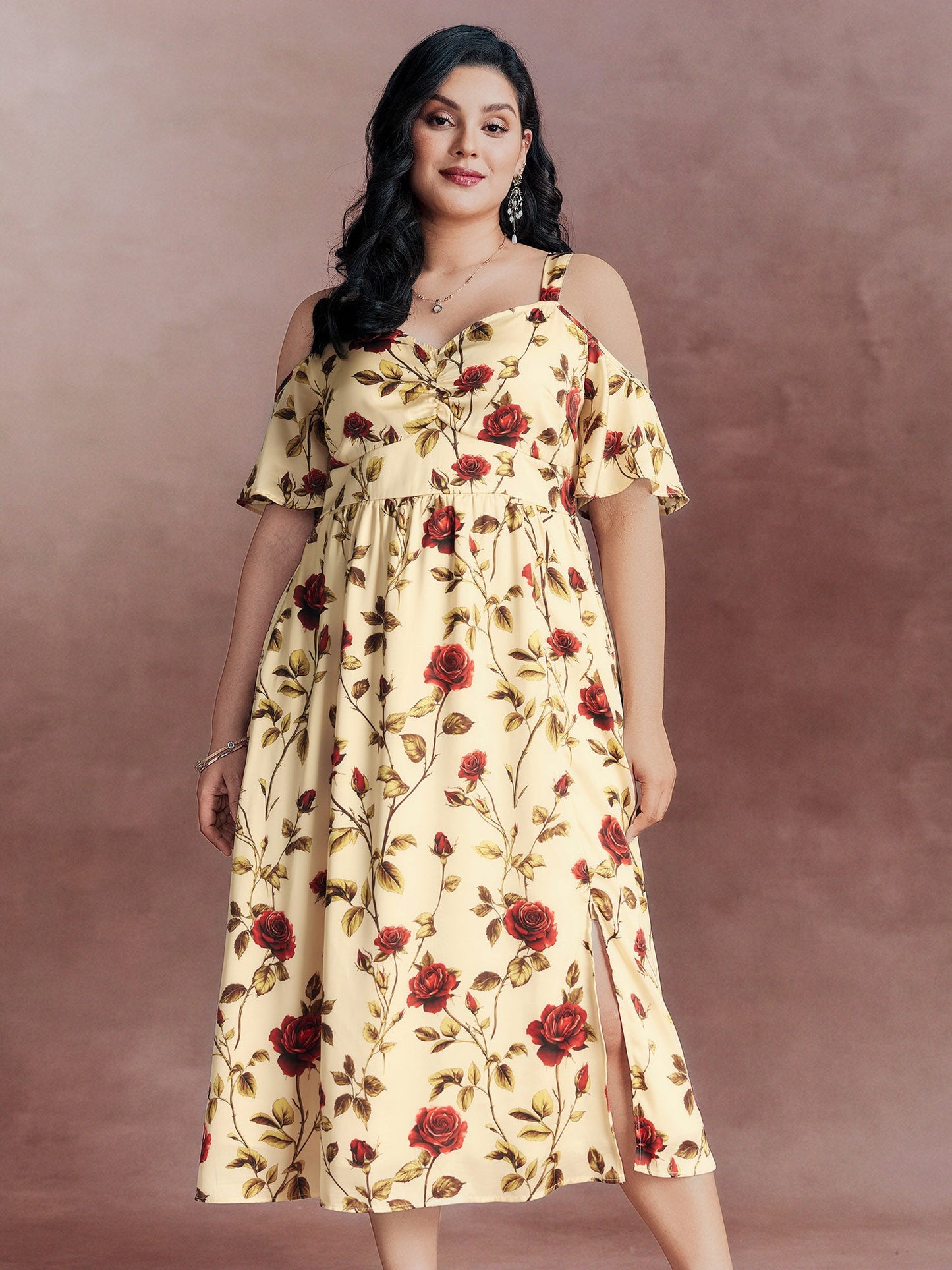 Floral Romance Cut-Out Shoulder Shirred Midi Dress