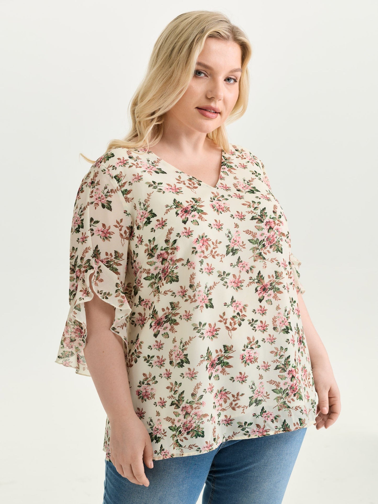 Floral Print Flared Sleeve Lined Blouse
