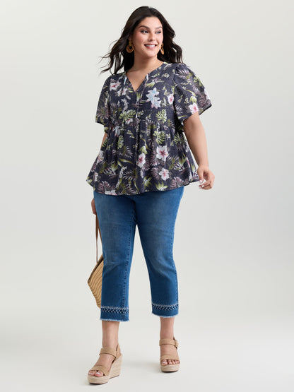 Floral Print Drawstring Split Neckline Blouse