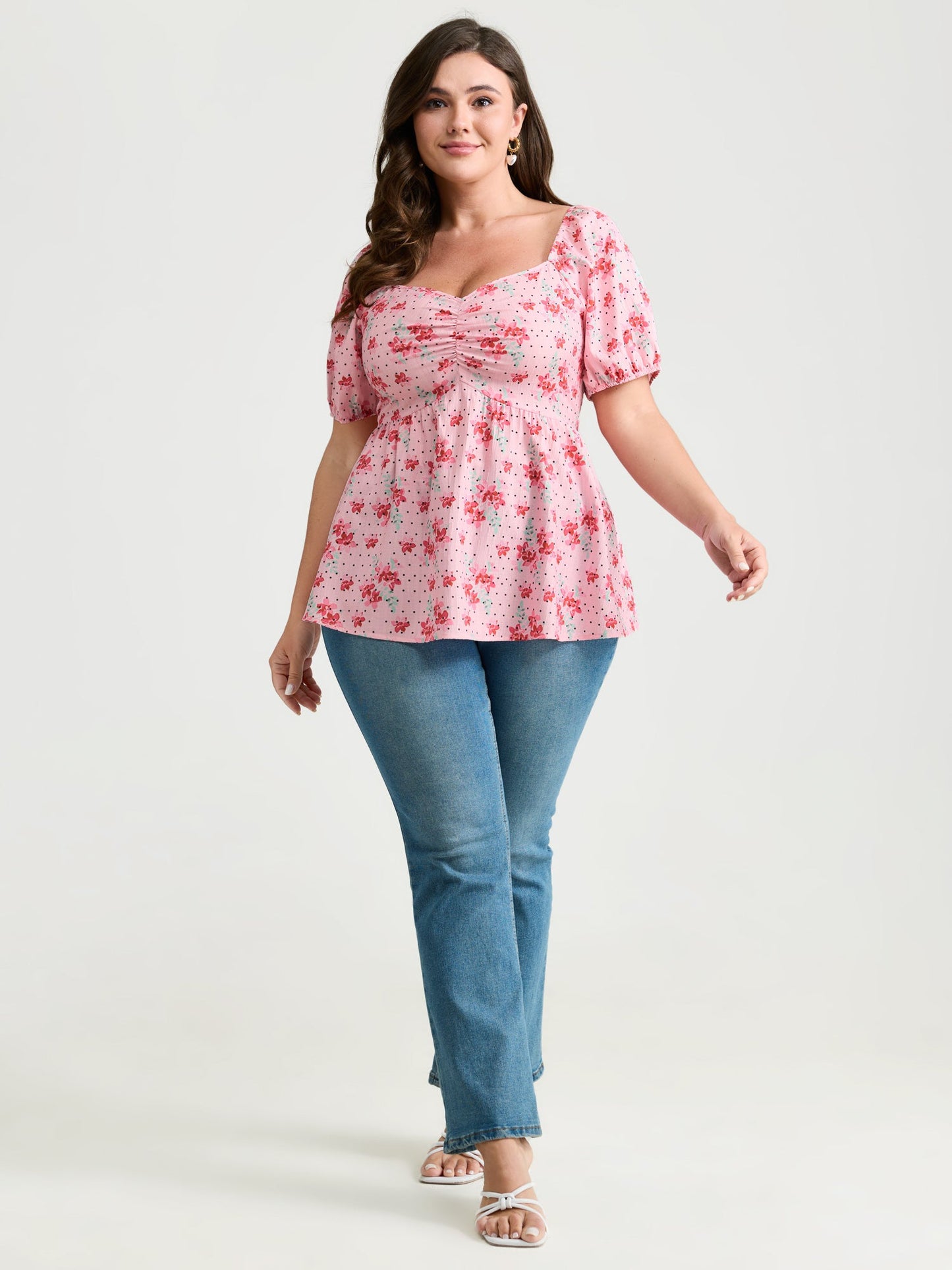 Romantic Floral Print Ruched Blouse