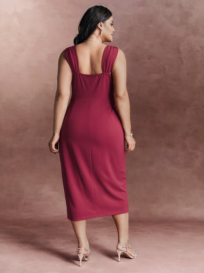 Wide-Straps Metallic Detail Bodycon Fit Midi Dress