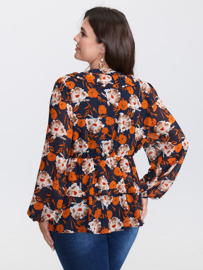 Floral Layered Hem Stretchy Waist Blouse