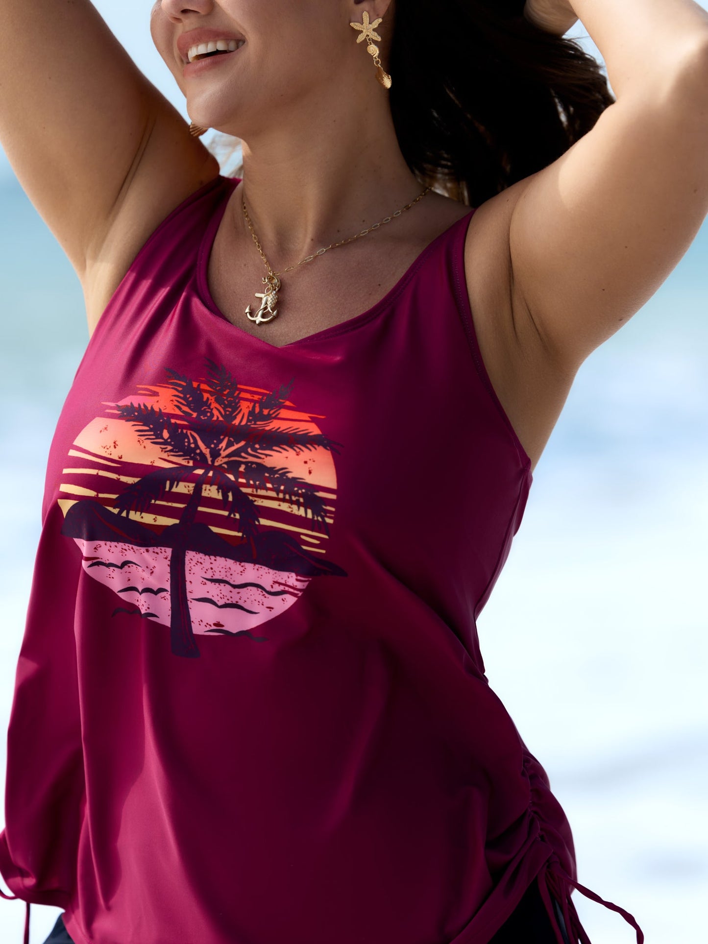Island Print Drawstring Adjustable Swim Top