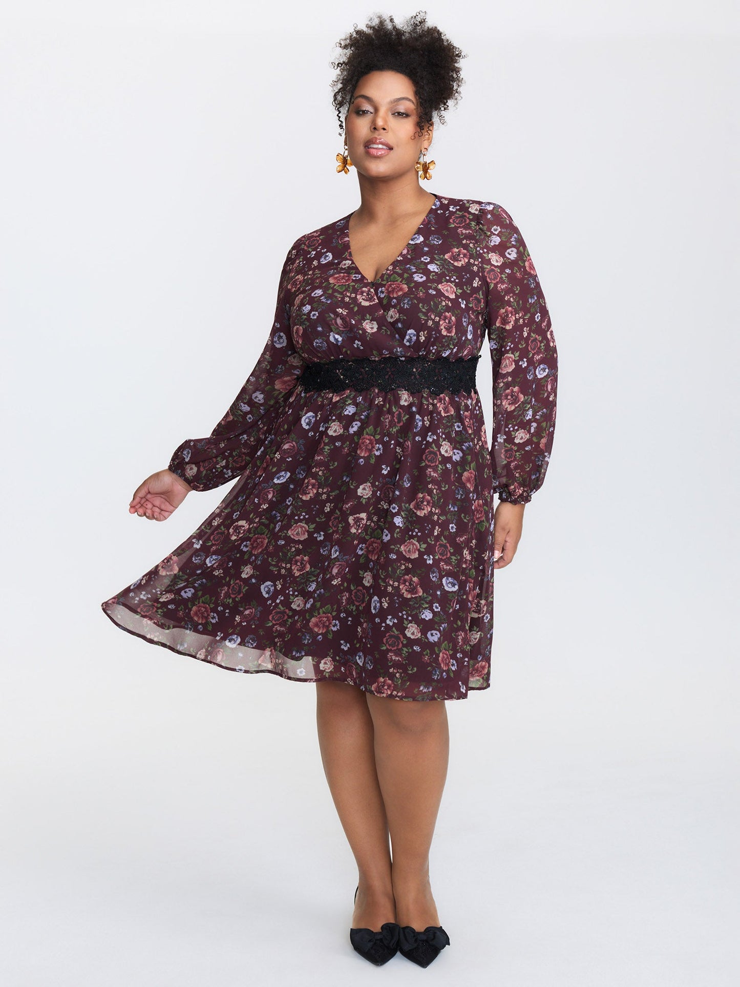 Floral Lace Trim Cinched-Waist Mini Dress