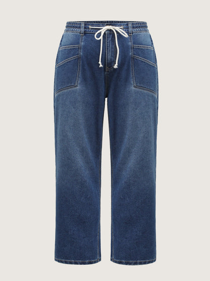 Layered Pockets Elastic Waistband Straight-Leg Jeans