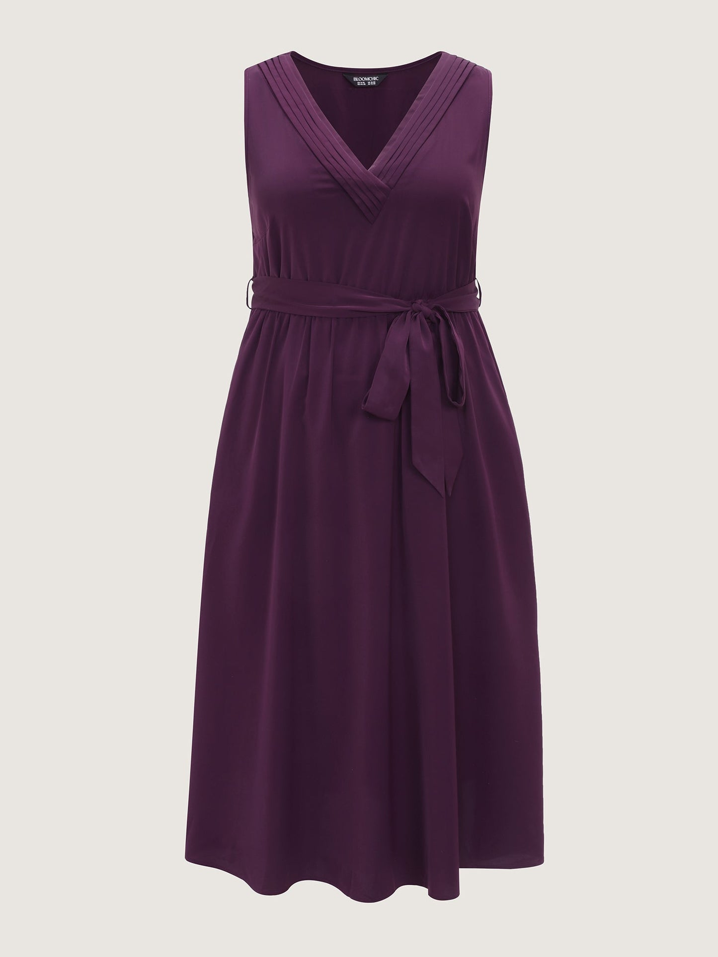 Pleated Neckline Waist-Tie Flowy Midi Dress