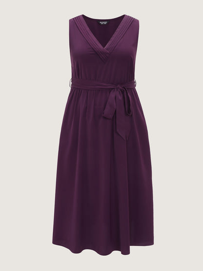 Pleated Neckline Waist-Tie Flowy Midi Dress