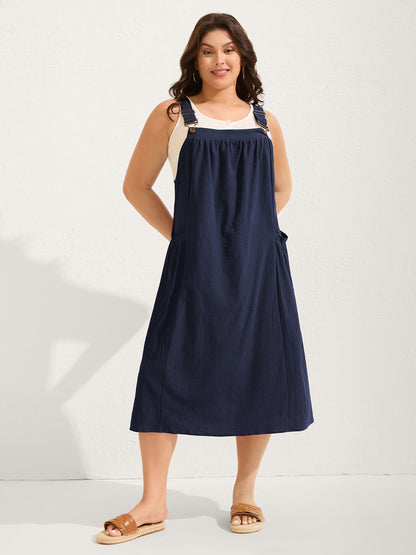 plus size Pure Cotton Pleated Pockets Midi Dress