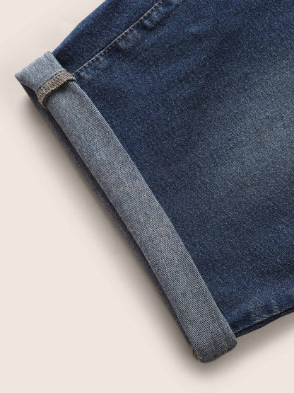 Pull-On Folded Hem Knee-Length Denim Shorts