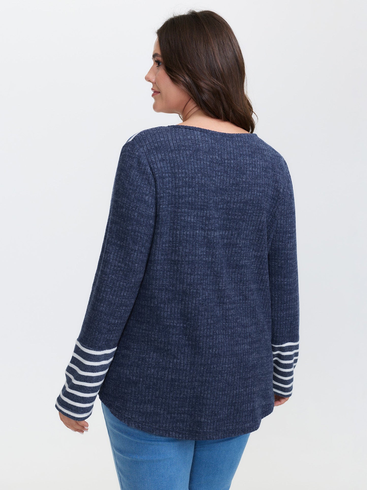 Ribbed Stripe Button Placket T-Shirt