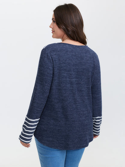 Ribbed Stripe Button Placket T-Shirt