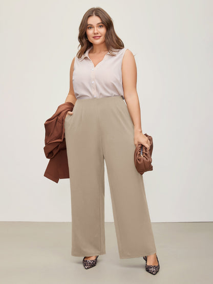 Solid Elastic Waist Pleated Wide Leg Pants