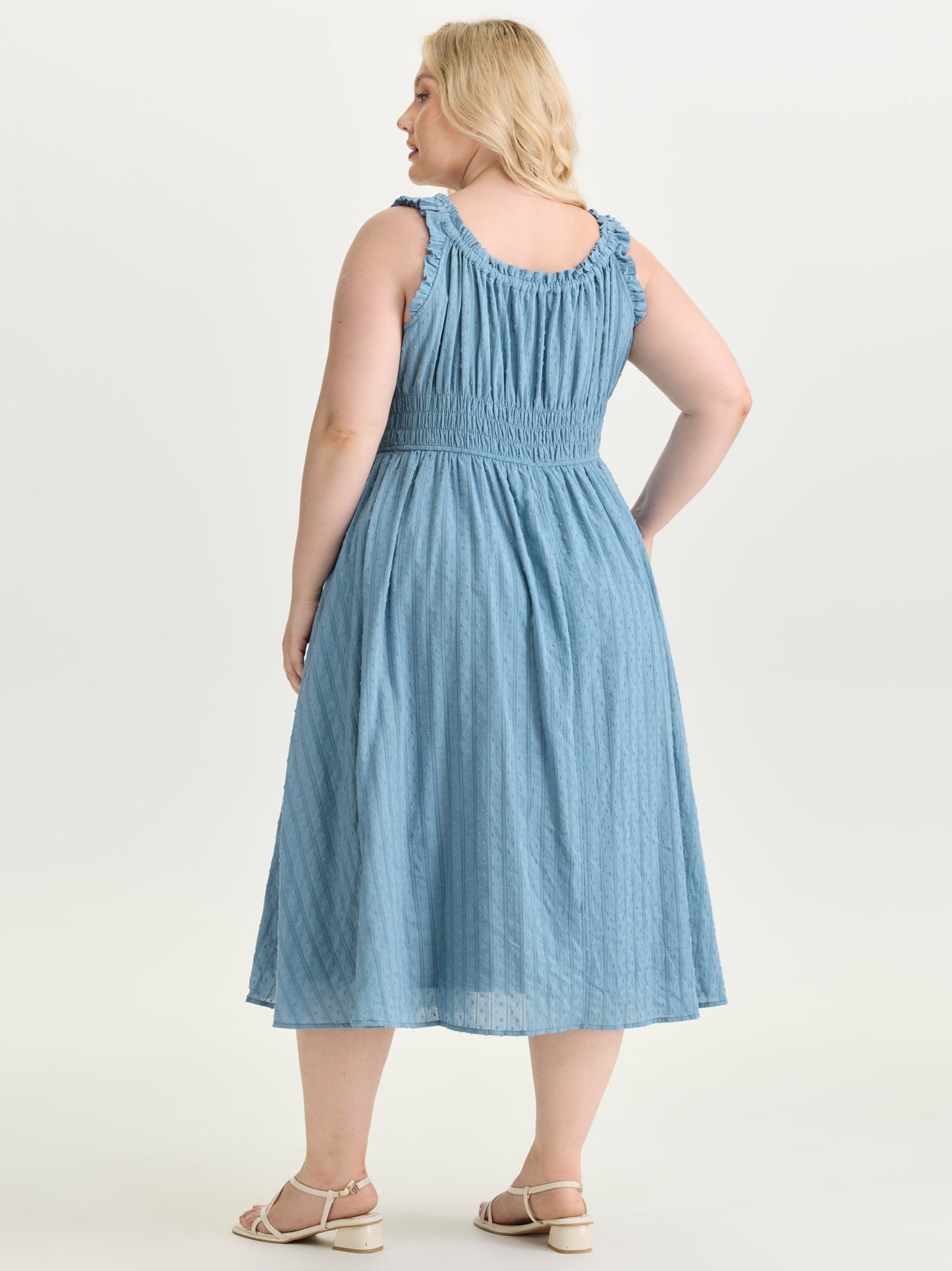 Textured Shirred Bodice Ruffled Straps Midi Dress