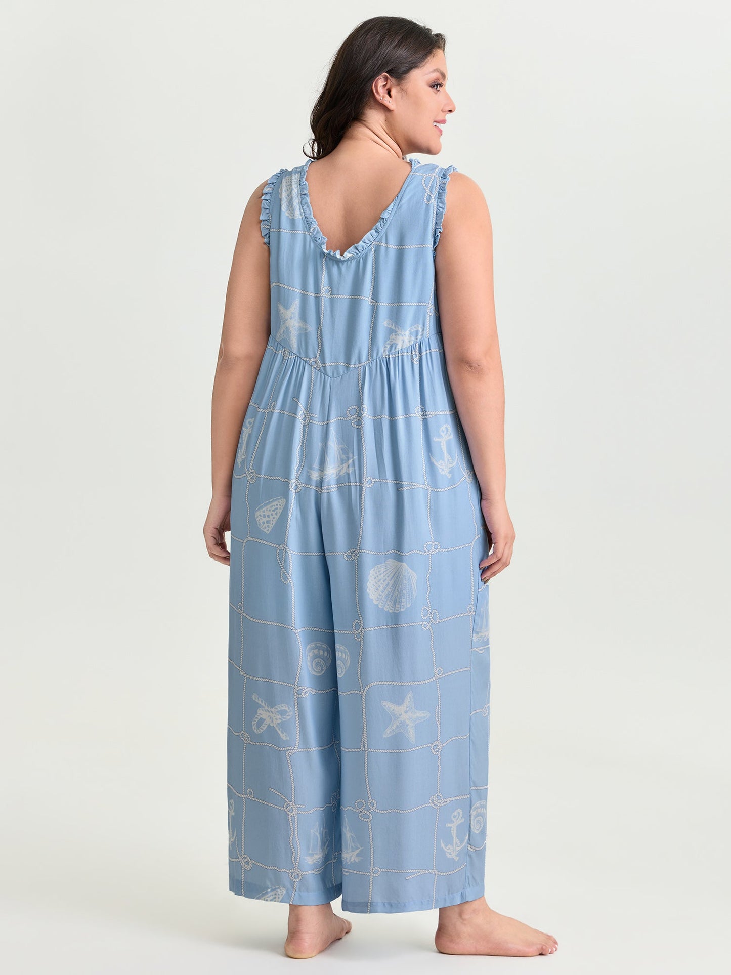 Seashell Print Button Placket Lounge Jumpsuit