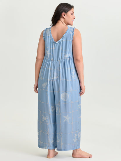 Seashell Print Button Placket Lounge Jumpsuit