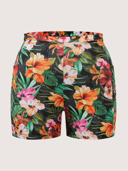 Tropical Floral Print Hip Coverage Swim Dress