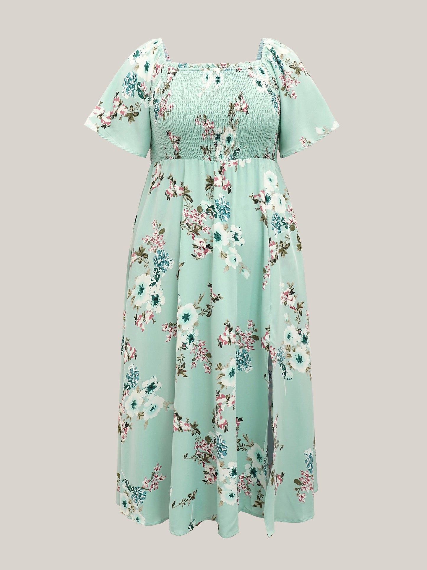 plus size Floral Square Neck Ruffles Pocket Shirred Split Dress