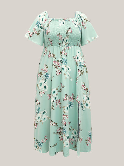 plus size Floral Square Neck Ruffles Pocket Shirred Split Dress