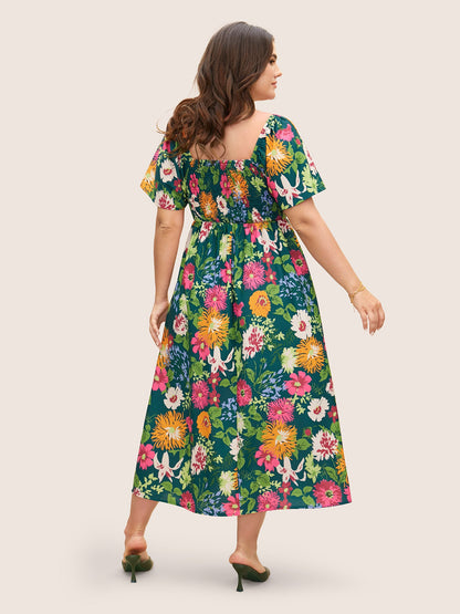 plus size Floral Shirred Square Neck Pocket Midi Dress