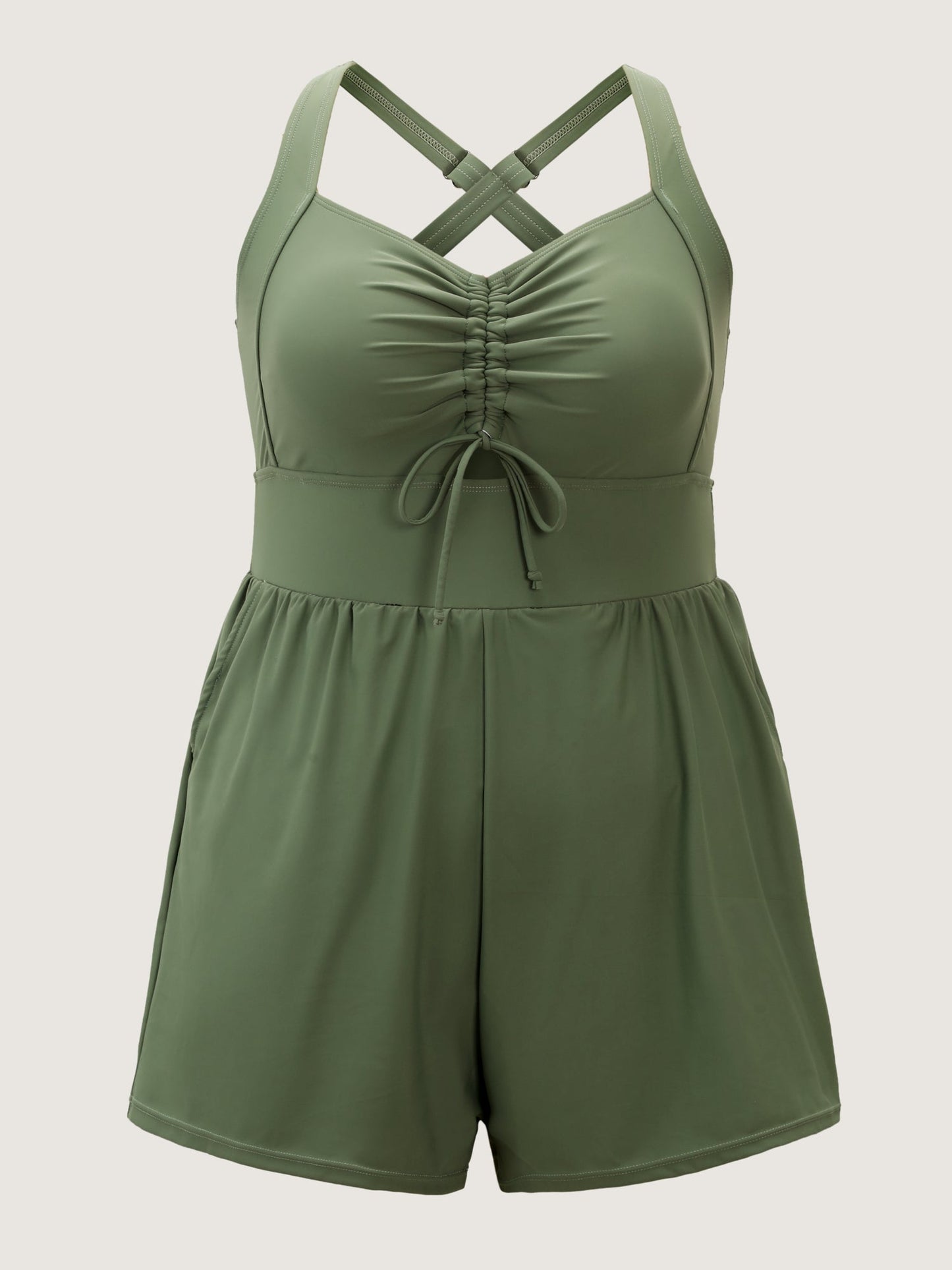 Cut-Out Drawstring Pockets Swim Romper