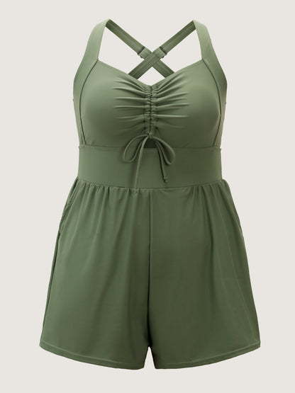 Cut-Out Drawstring Pockets Swim Romper