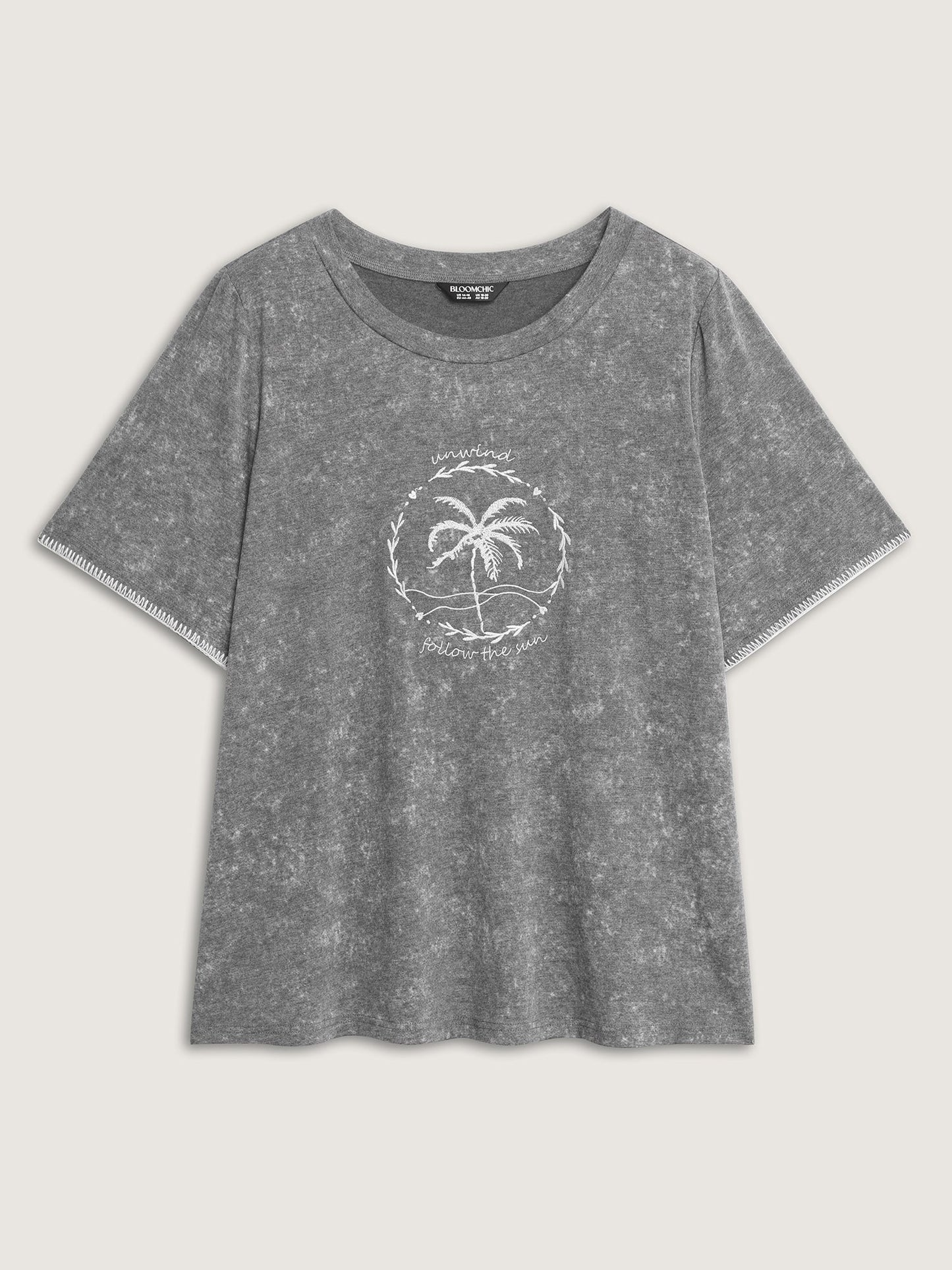 Island Print Embroidered Round Neck T-Shirt