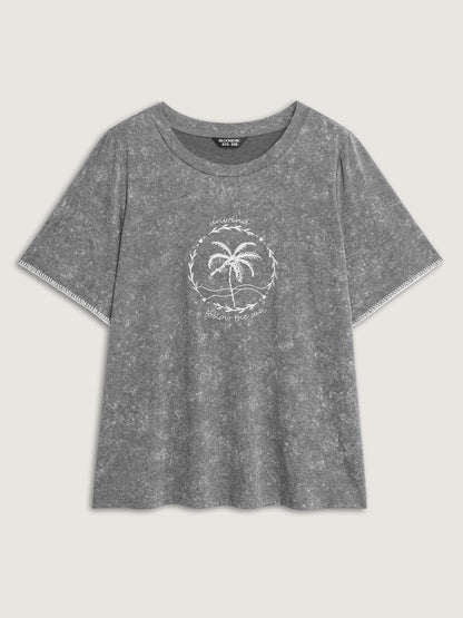 Island Print Embroidered Round Neck T-Shirt