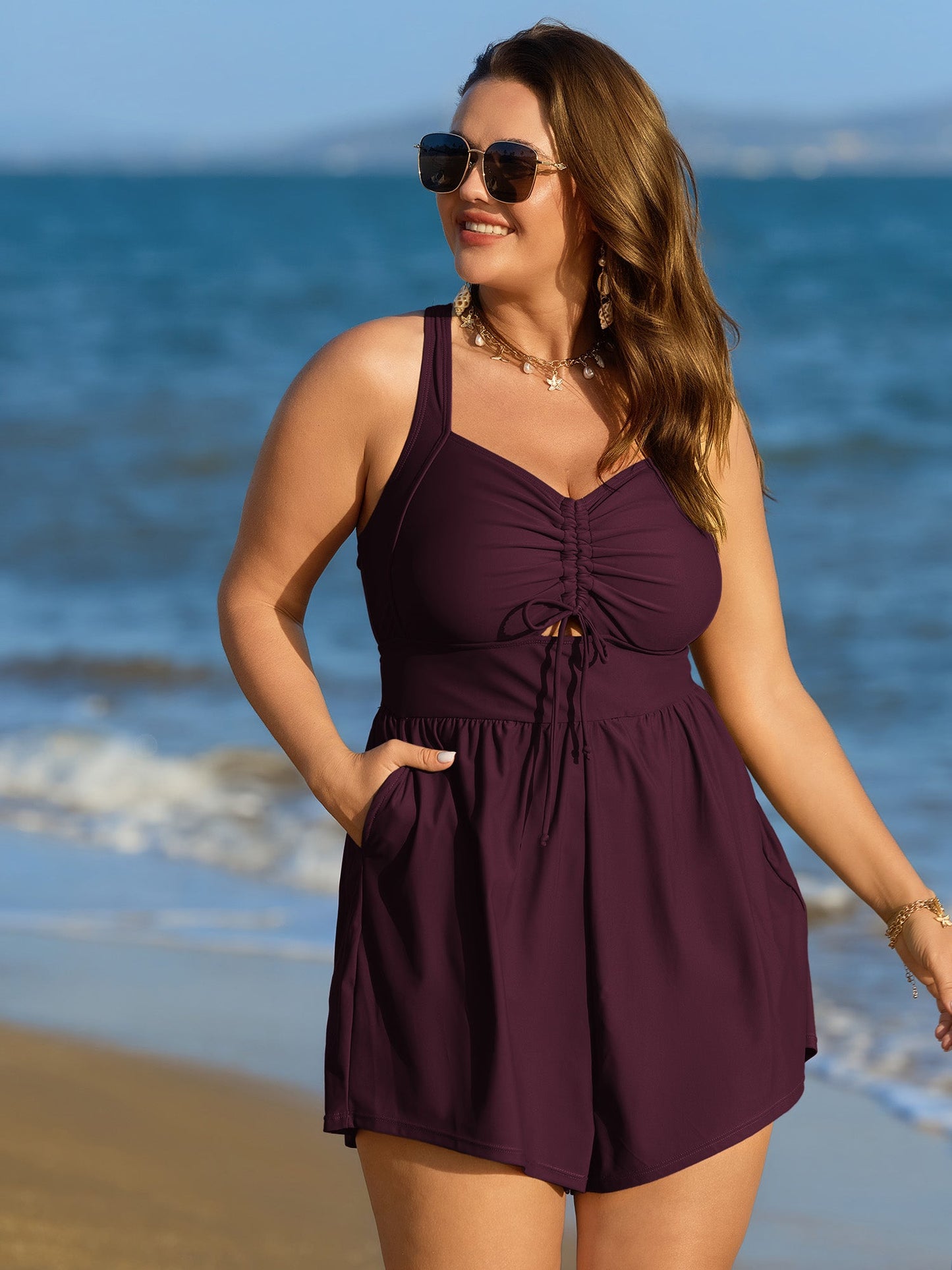 Cut-Out Drawstring Pockets Swim Romper