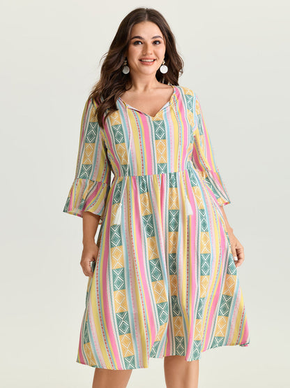 Color Contrast Geometric Print Stretchy Waist Mini Dress