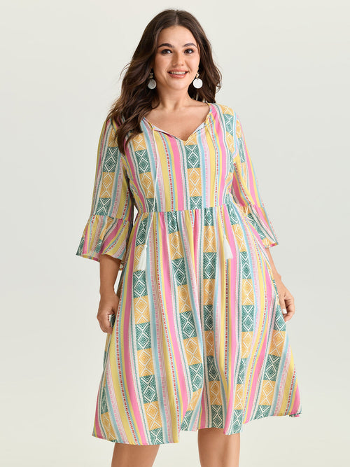 Color Contrast Geometric Print Stretchy Waist Mini Dress