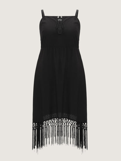 Tassel Hem Neck Tie Mini Dress