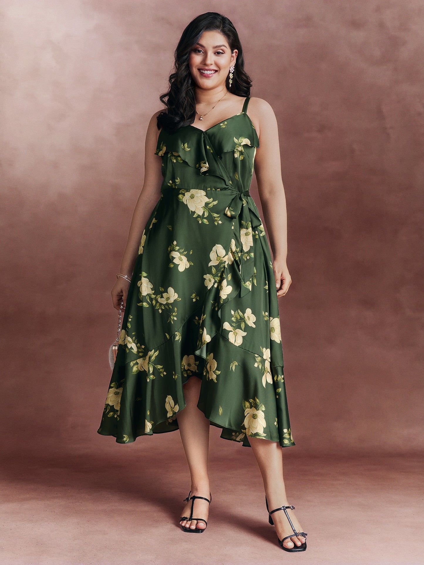 Floral Ruffled Wrap High-Low Hem Midi Dress