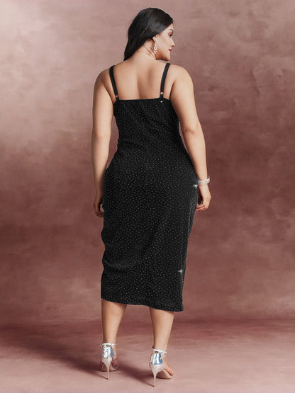Mesh Rhinestone Padded Underwear Detail Midi Dress
