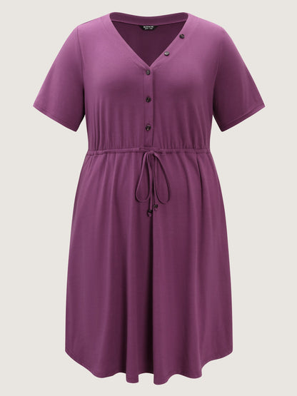 Supersoft Drawstring Waist Button Placket Mini Dress