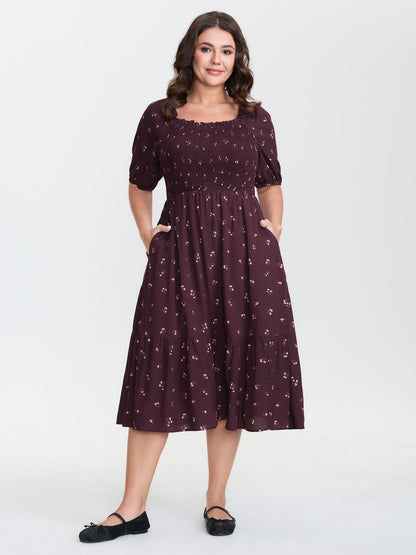 plus size Micro Floral Shirred Bodice Midi Dress