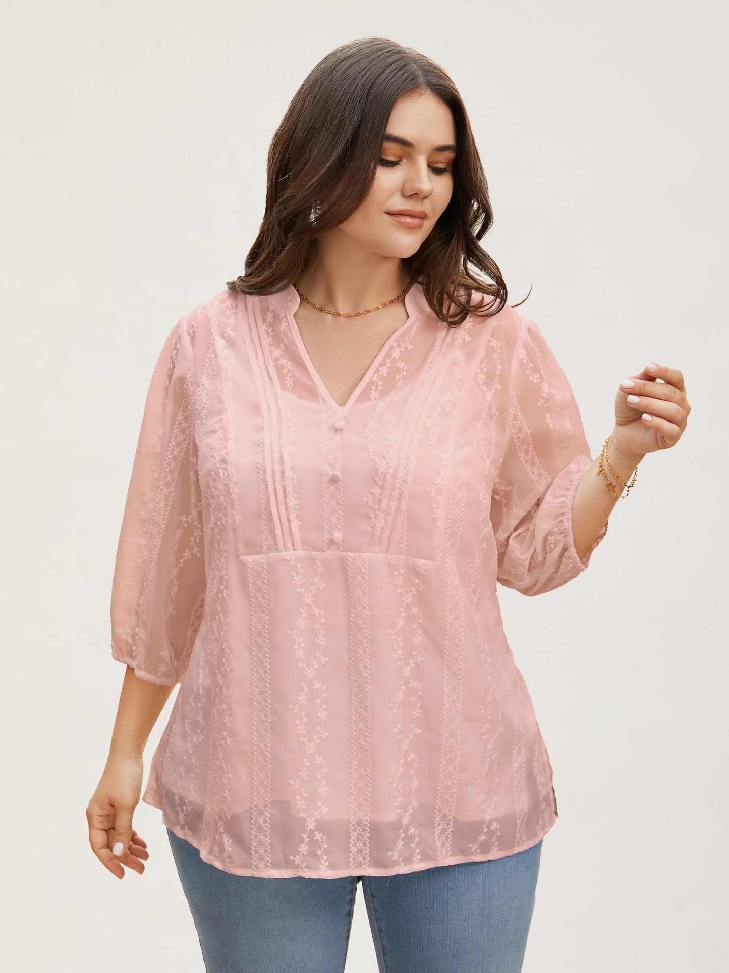 Texture Mesh Button Detail Tucked Seam Blouse
