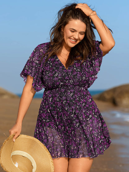 Colorful Sheer Floral Print Swim Dress