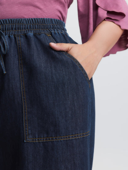 Cotton Stretchy Waist Drawstring Wide-Leg Jeans