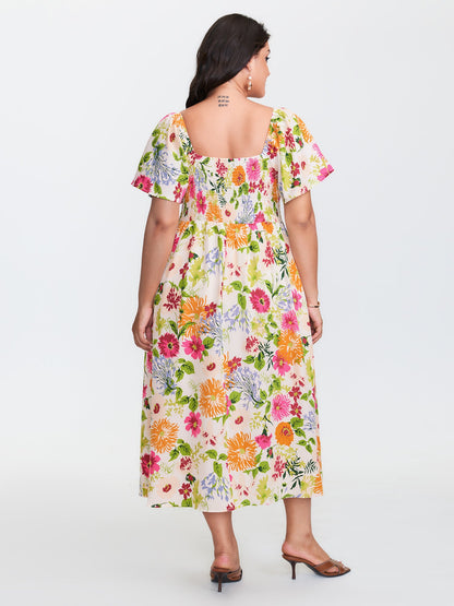 plus size Floral Shirred Square Neck Pocket Midi Dress