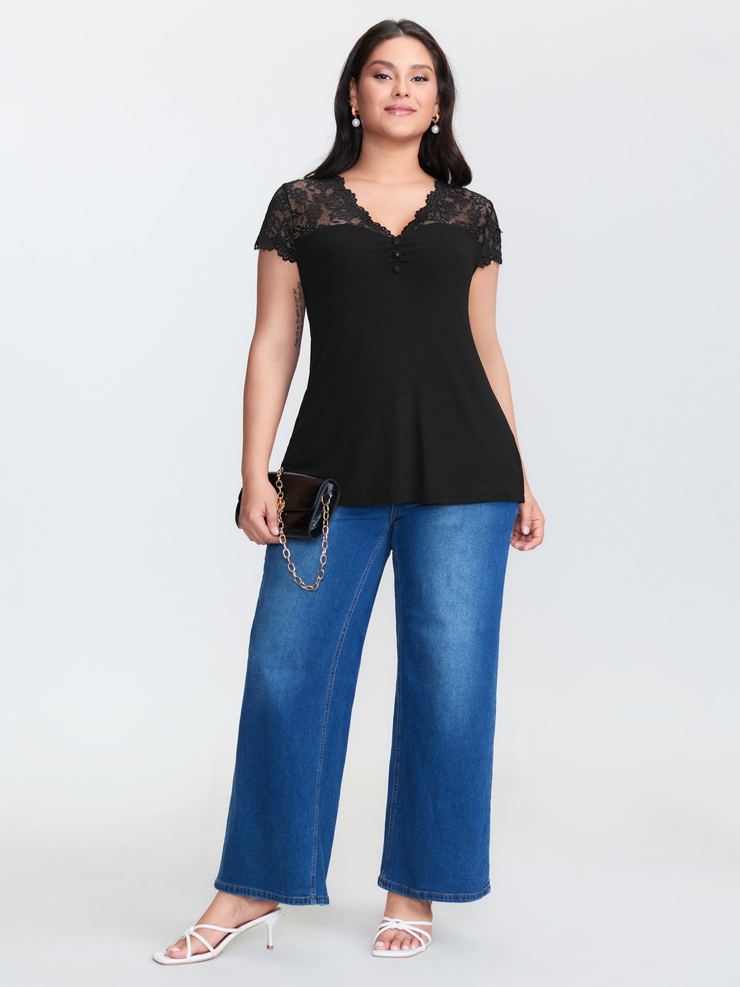 Sheer Lace Neckline Shirred Knit Top