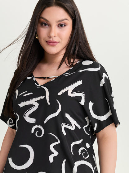 Abstract Print Cut-Out Neckline Blouse