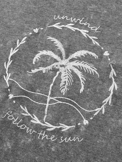 Island Print Embroidered Round Neck T-Shirt