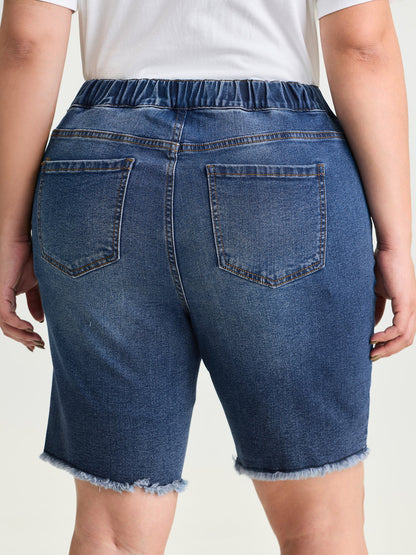 Everyday Elastic Waist Ripped Denim Shorts