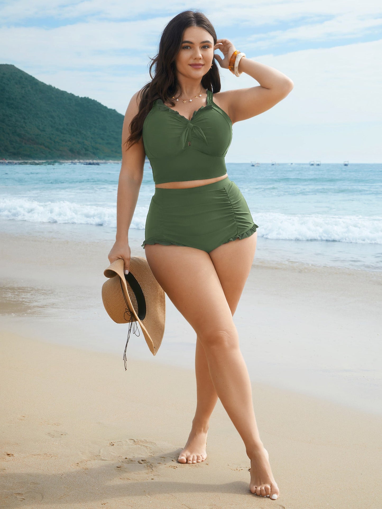 Ruched Mesh Seamed Ruffle Trim Swim Bottoms